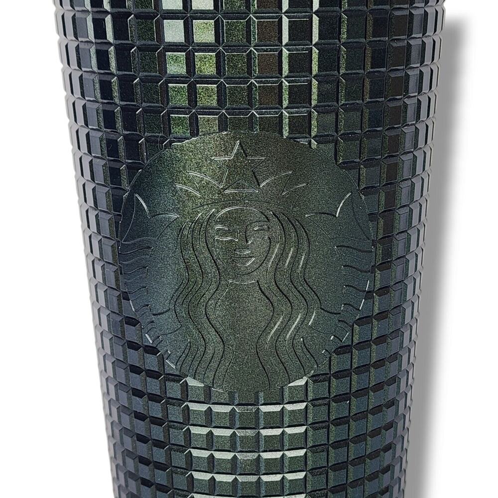 Starbucks Christmas Holiday Tumber Venti 24oz Dark Green Glitter Grid Cup Straw